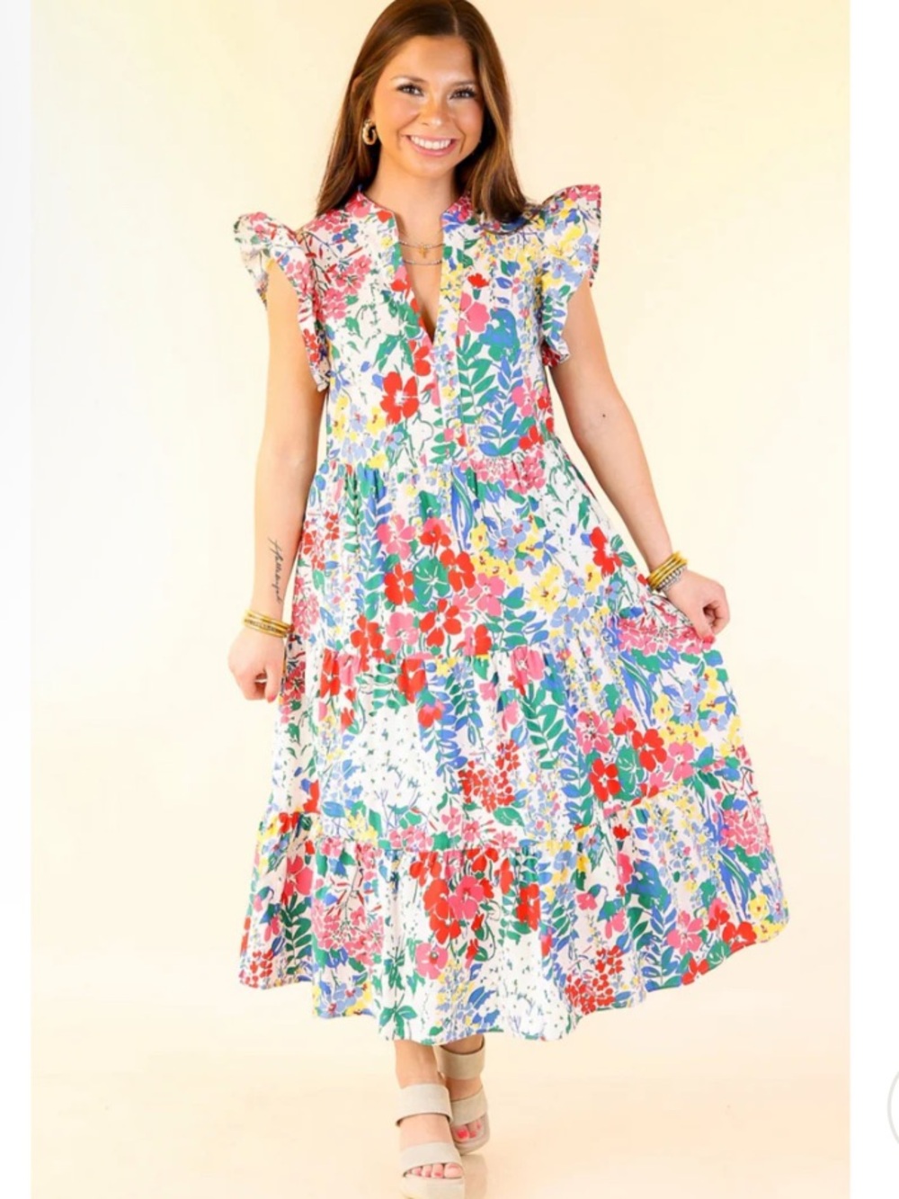 Floral Tiered Midi Dress in Multi